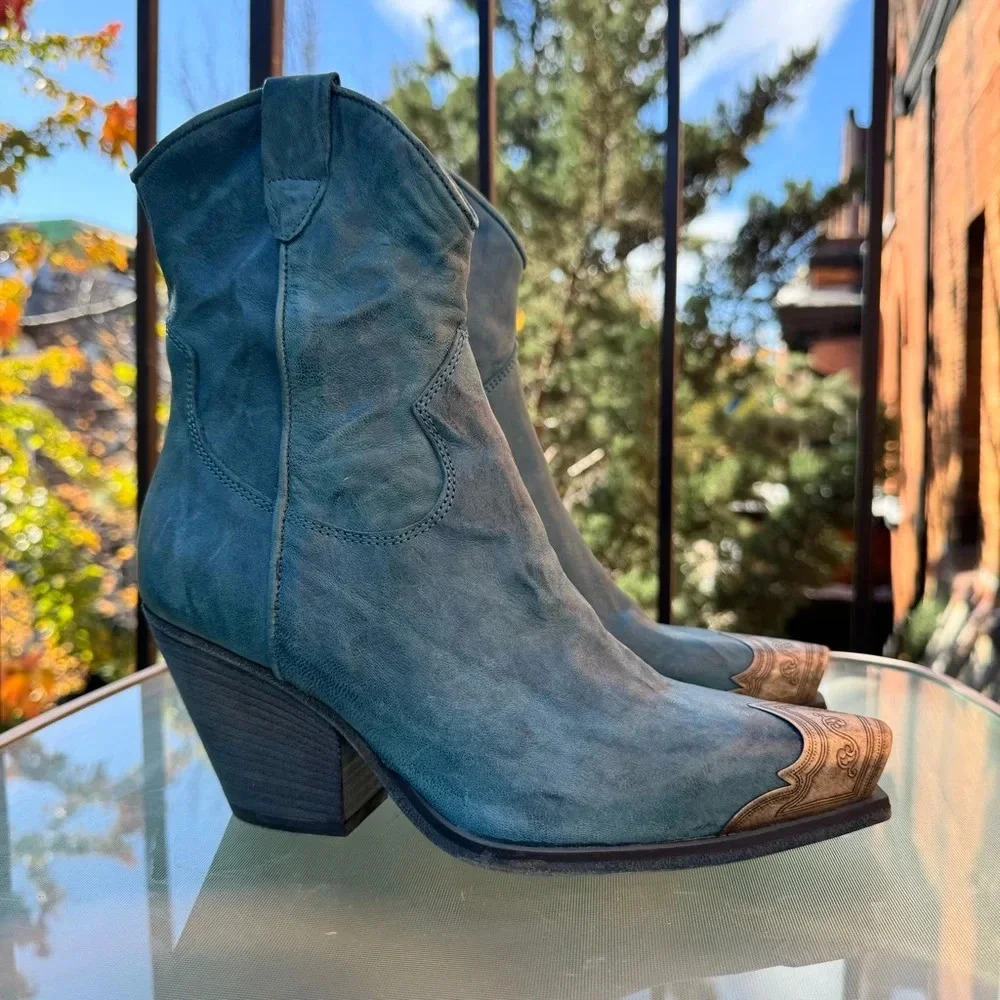 New Free People Brayden Western Leather Ankle Boots Blue Womens Size 6